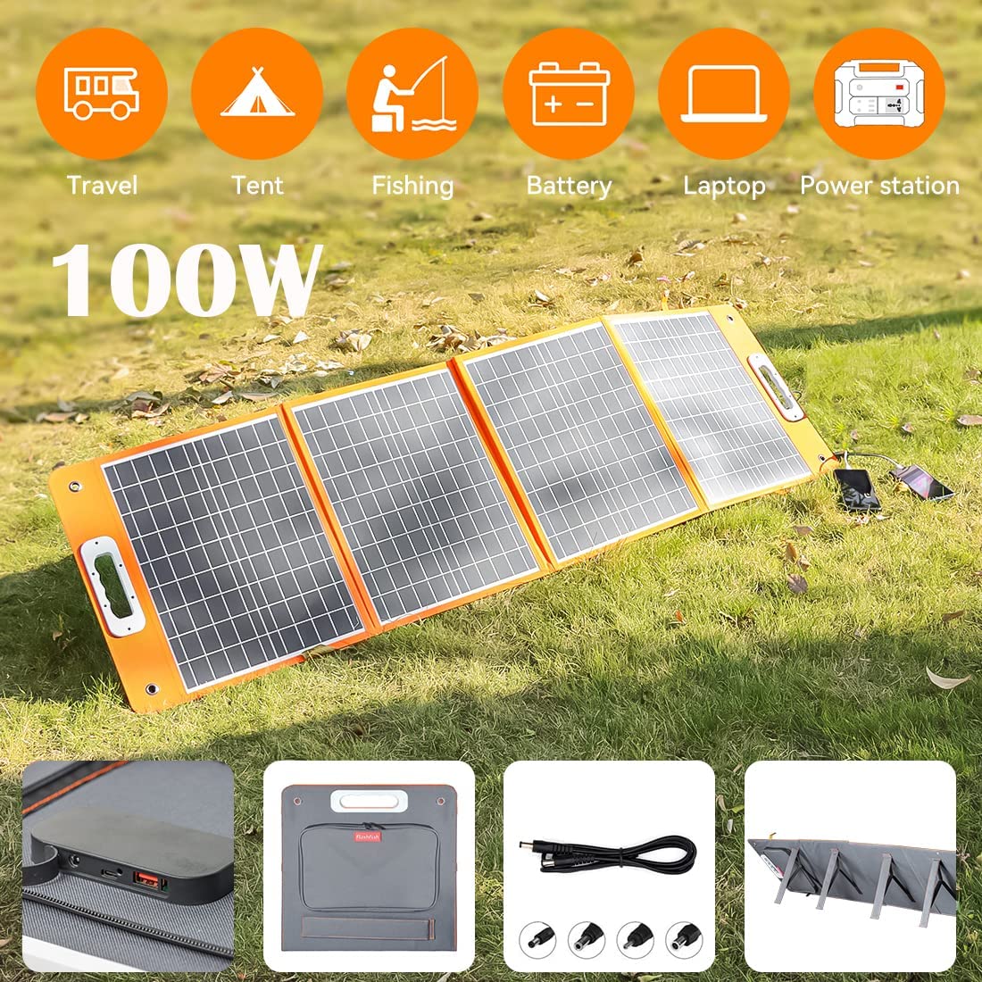 FF Flashfish 18V/100W Foldable Solar Panel for Camping, Fishing, Road Trips - Charge Your Phones and Tablets on the Go!