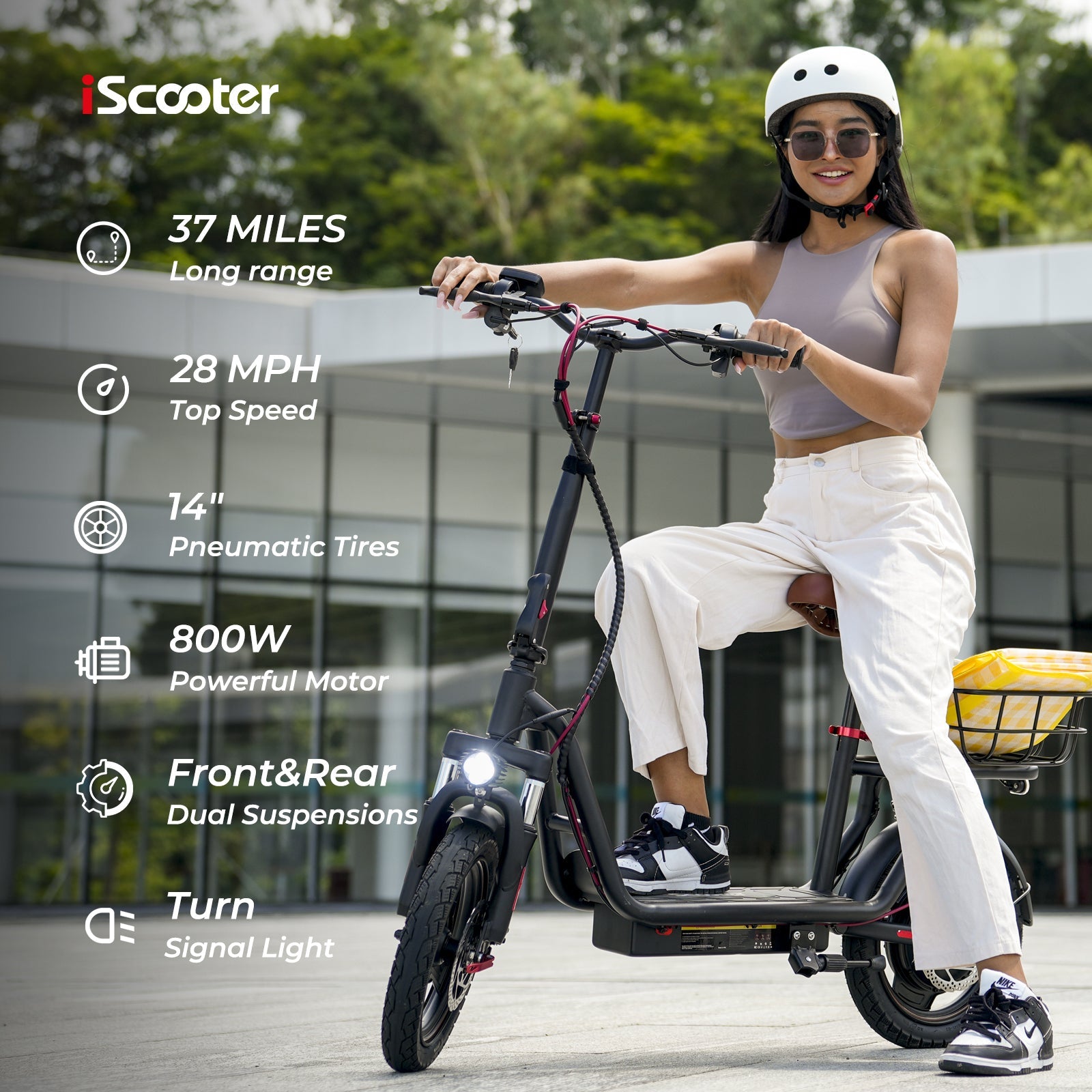 iScooter i14 800W Electric Scooter with Seat & Basket - The Ultimate Adult Commute Companion