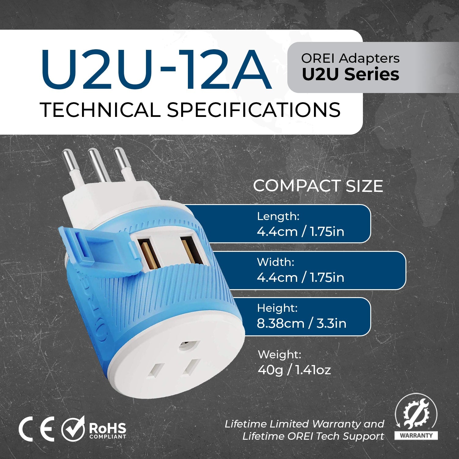 Universal Travel Adapter - 3 in 1 - 2 USB - Compact Design for Italy & Uruguay (U2U-12A)