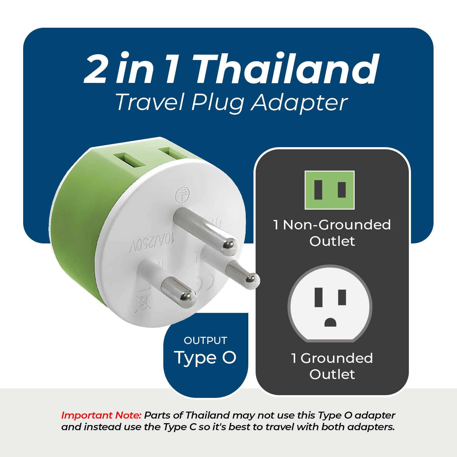 OREI Thailand Travel Adapter - Compact 2-in-1 Type O (US-18)