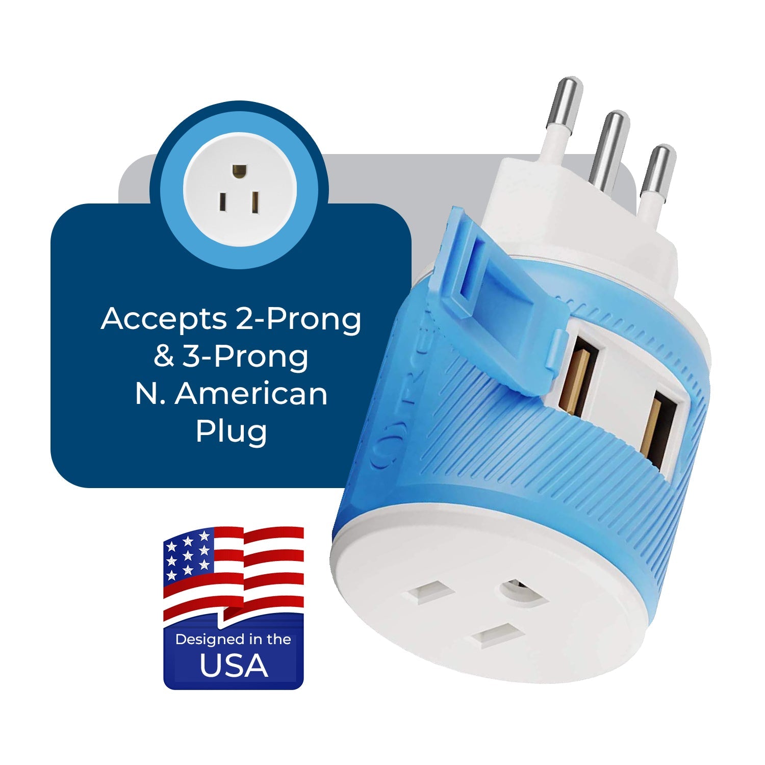 Universal Travel Adapter - 3 in 1 - 2 USB - Compact Design for Italy & Uruguay (U2U-12A)
