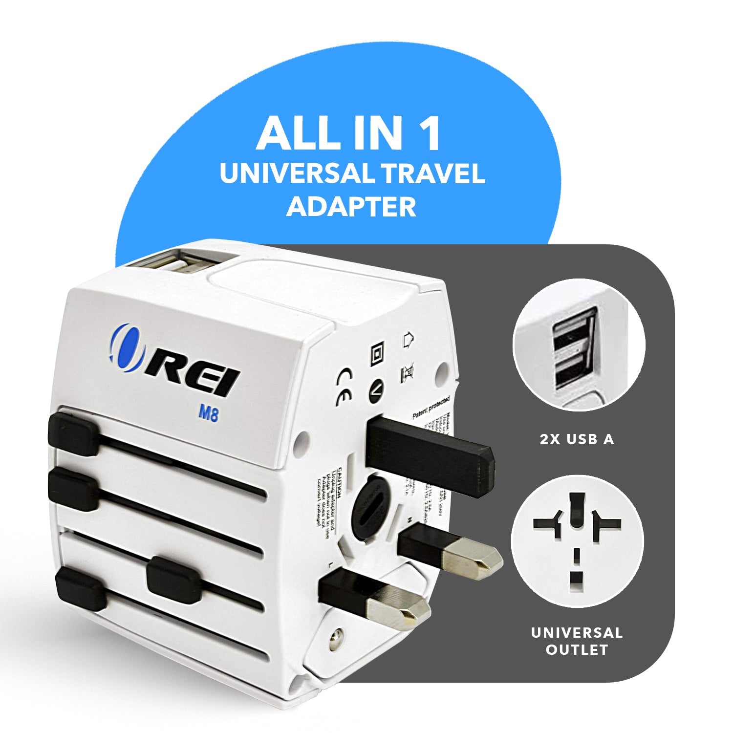OREI World Travel Adapter Plug - Compact, All-in-One with 2 USB Ports (M8_White)