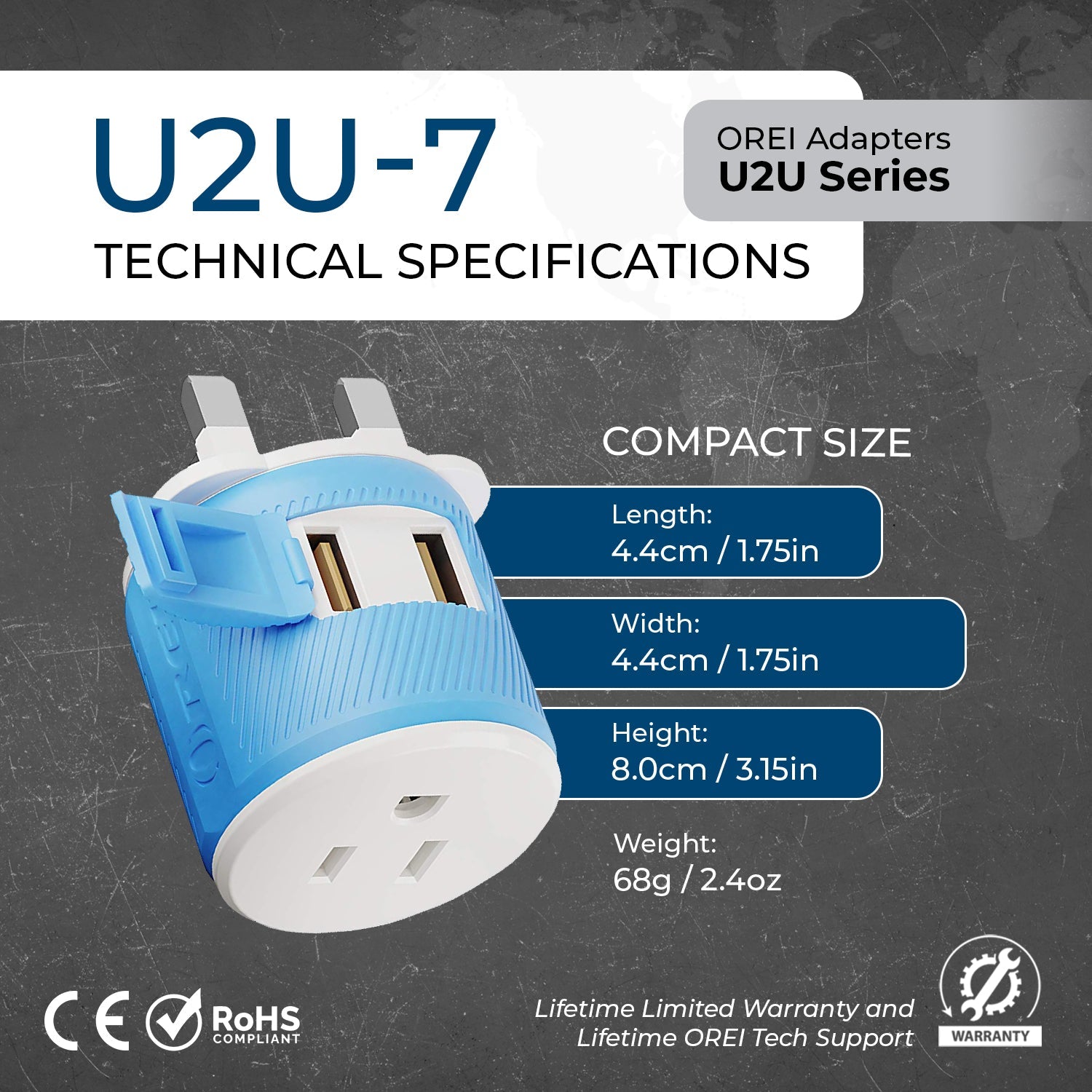 OREI 3-in-1 Compact Travel Adapter for UK & Ireland - 2 USB Ports, Type G Plug (U2U-7)