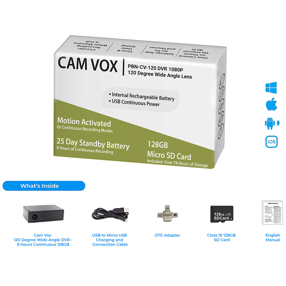 PBN - TEC Cam Vox Pro: 120° Wide Angle DVR with 128GB Storage and 25-Day Standby