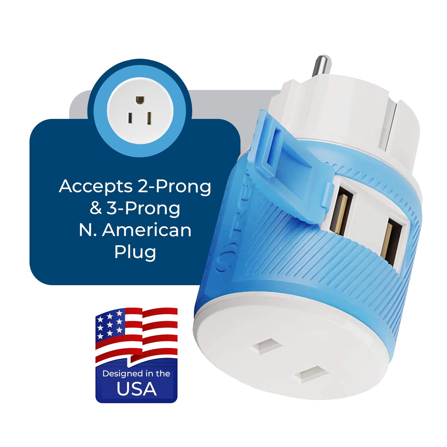 OREI Compact 3-in-1 Travel Adapter for Europe, France - 2 USB Ports, Type E/F Plug (U2U-9)