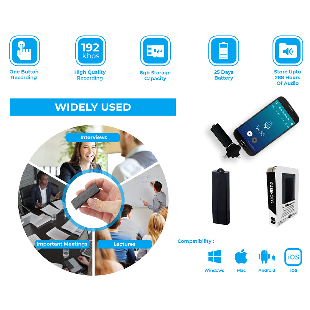 Long-Duration 8GB USB Audio Recorder with 25-Day Standby