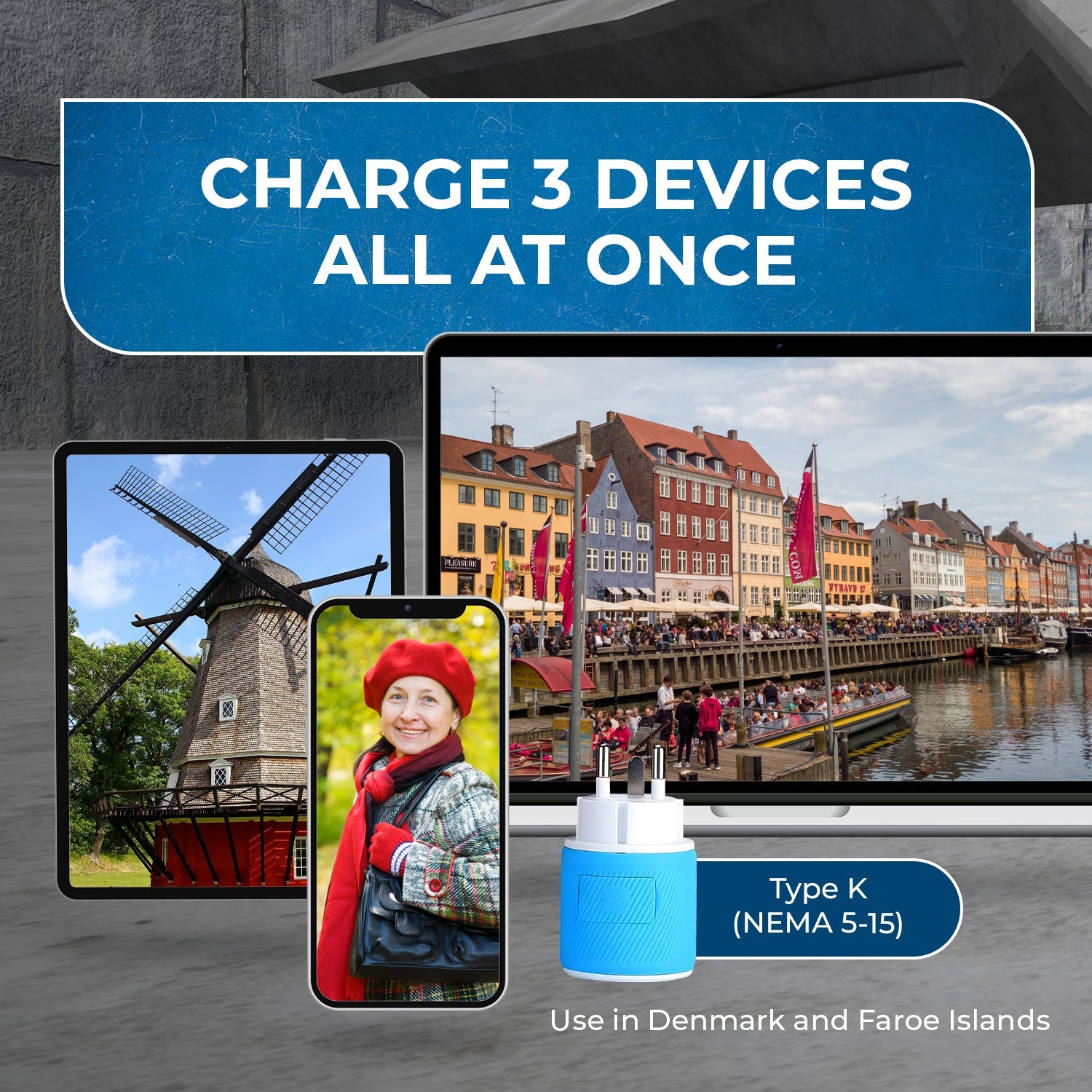 OREI Compact Denmark Travel Adapter - 3-in-1 with 2 USB Ports