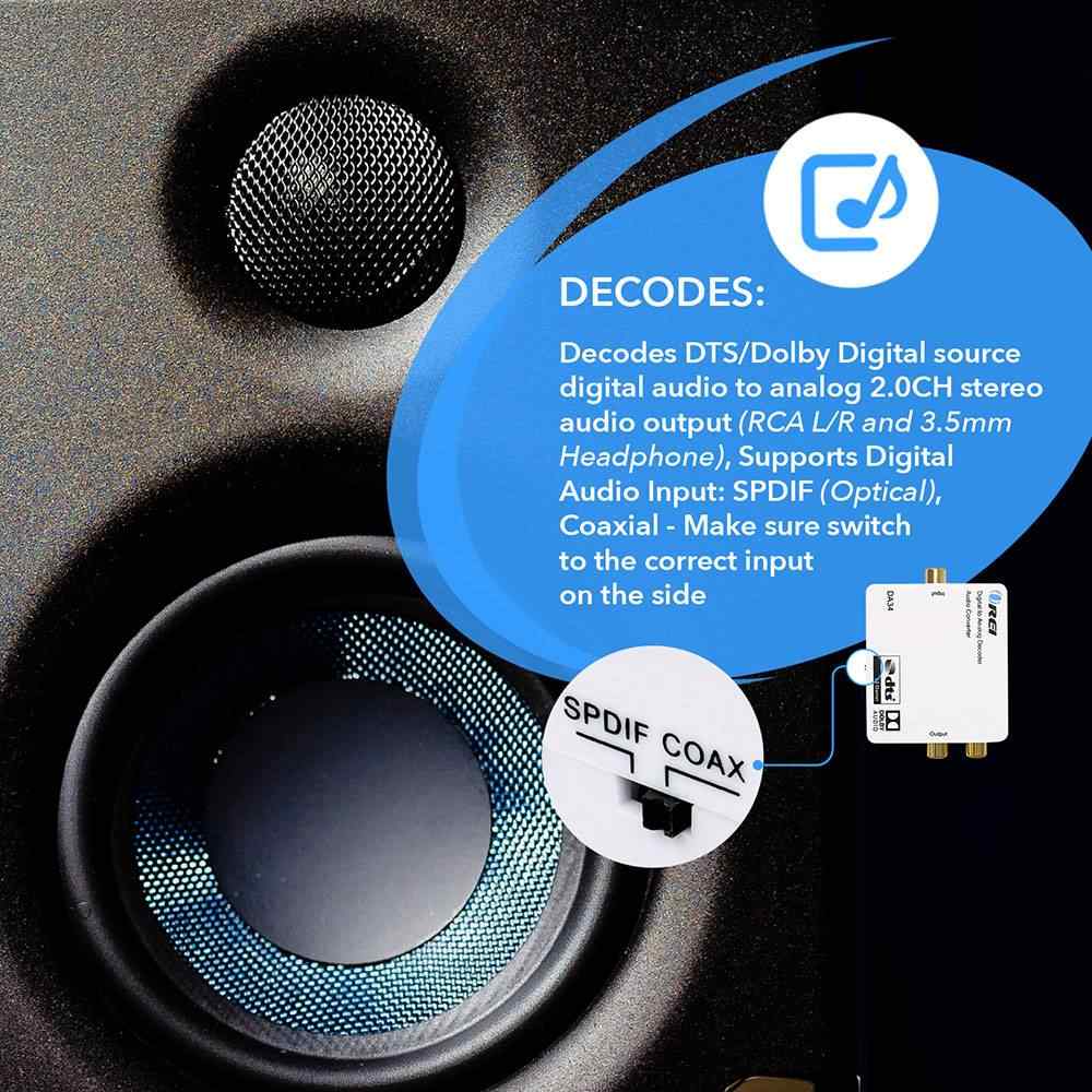 Enhanced Dolby Digital Audio Converter - SPDIF/Coaxial to RCA Output (DA34)