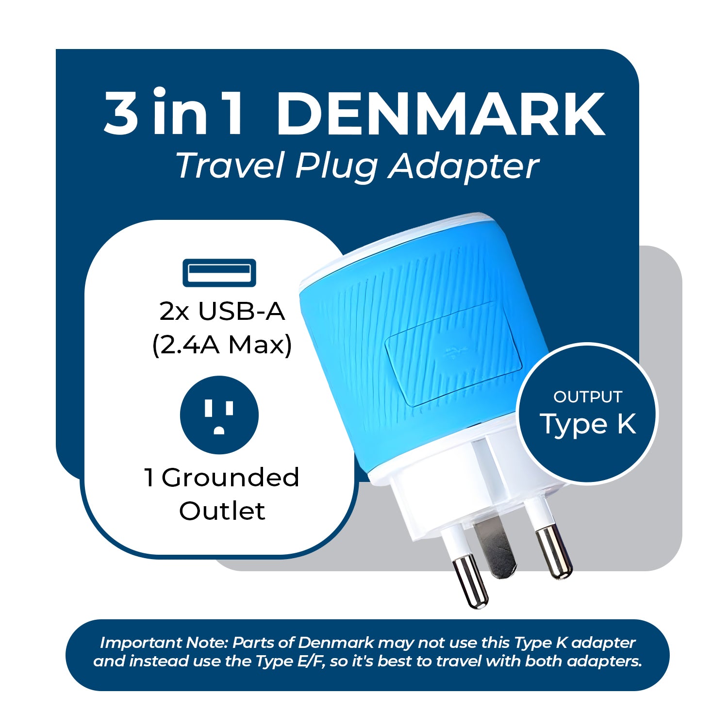 OREI Compact Denmark Travel Adapter - 3-in-1 with 2 USB Ports