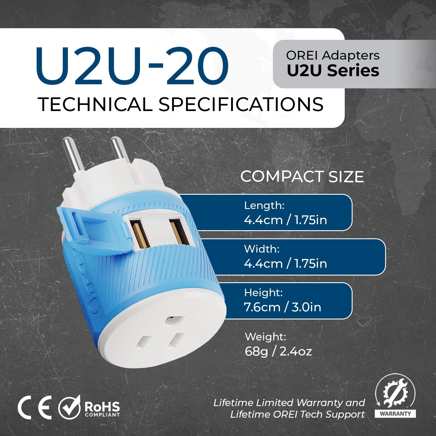 OREI Compact Denmark Travel Adapter - 3-in-1 with 2 USB Ports