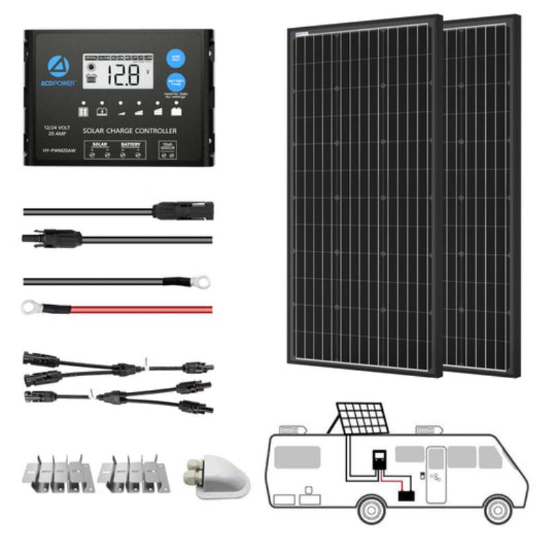 ACOPower 200W 20A PWM All-Black Mono Solar RV Kit