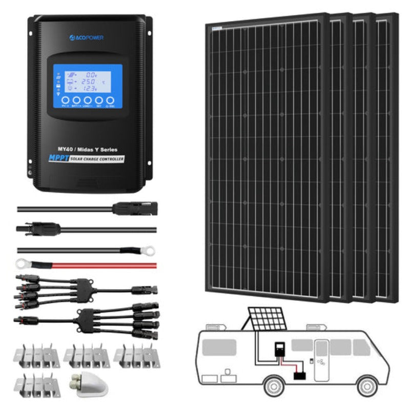 ACOPOWER 400W Mono Solar RV Kit - All Black, Your Off-Grid Power Solution
