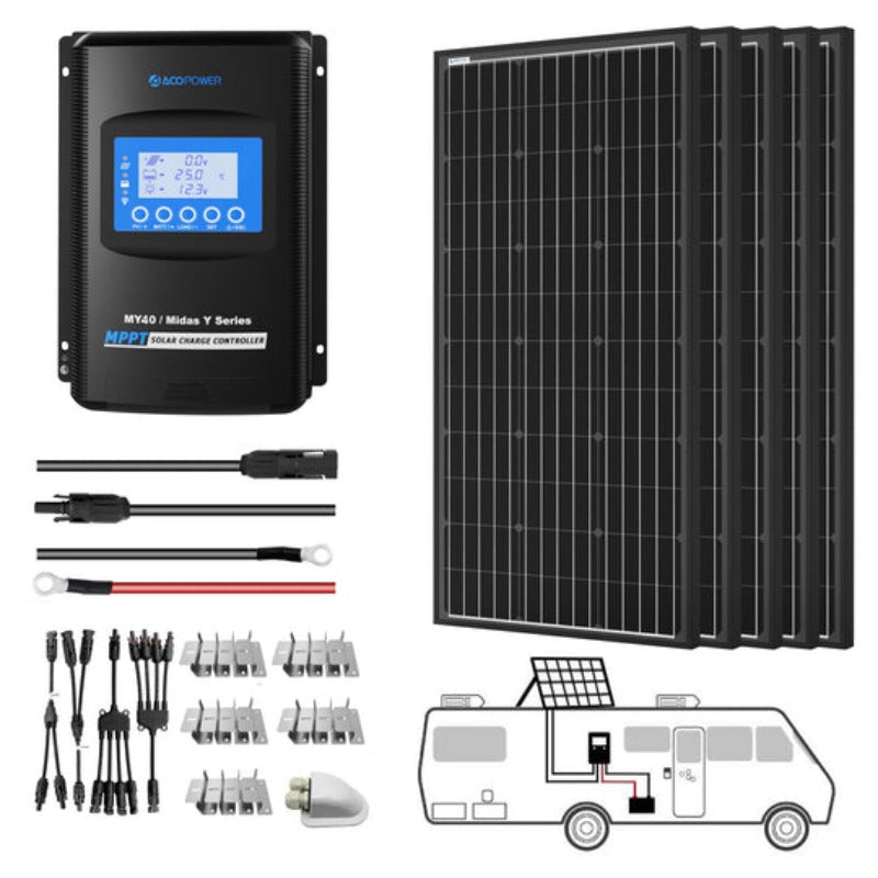 ACOPOWER 500W Mono Solar RV Kit - All Black, 40A