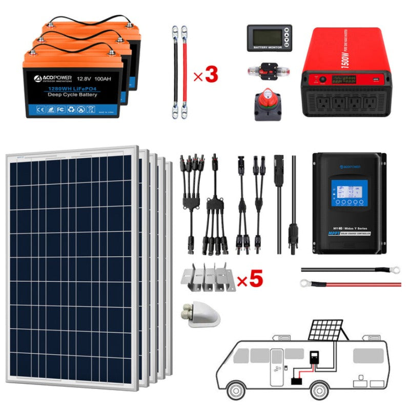 Acopower 100W Polycrystalline Solar RV Kit with 300Ah Li-Battery