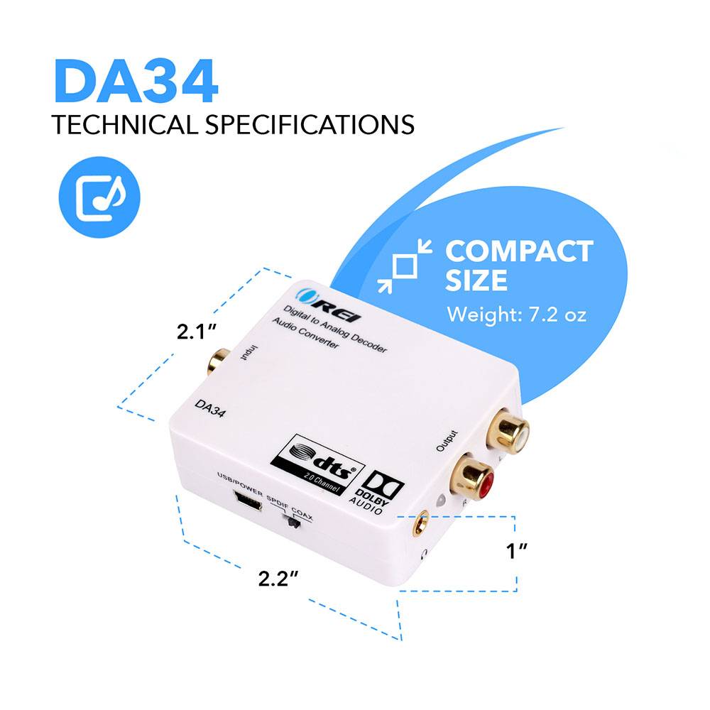 Enhanced Dolby Digital Audio Converter - SPDIF/Coaxial to RCA Output (DA34)