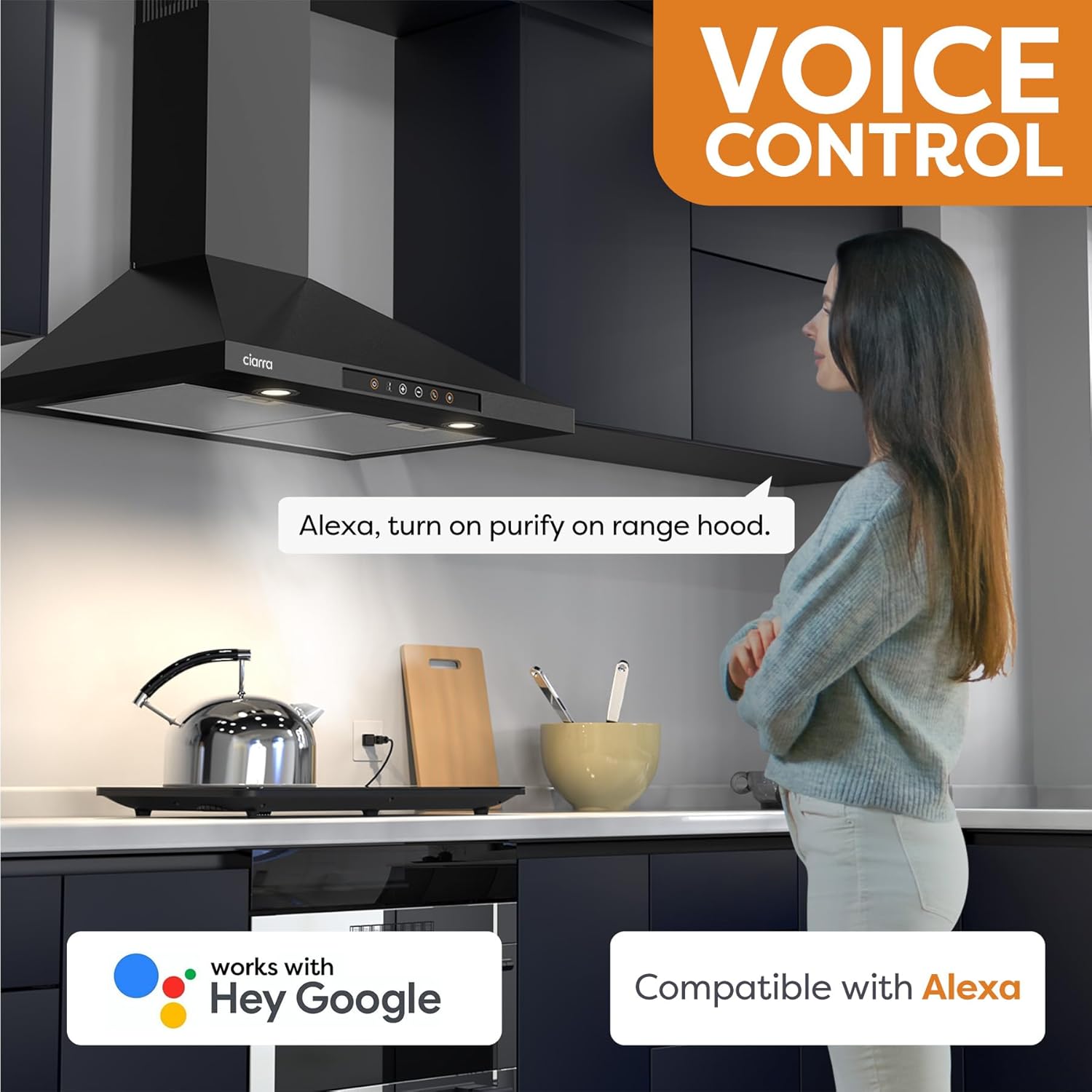 CIARRA 30-Inch Alexa & Google Home Voice-Controlled Smart Wall Mount Range Hood