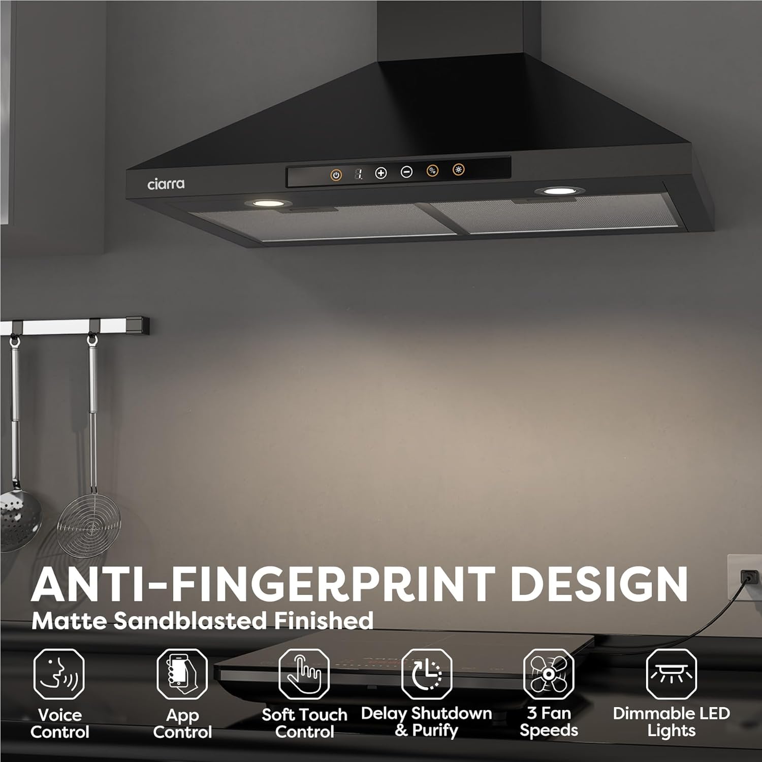 CIARRA 30-Inch Alexa & Google Home Voice-Controlled Smart Wall Mount Range Hood
