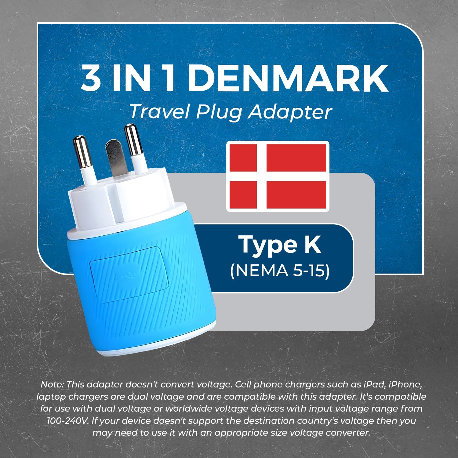 OREI Compact Denmark Travel Adapter - 3-in-1 with 2 USB Ports
