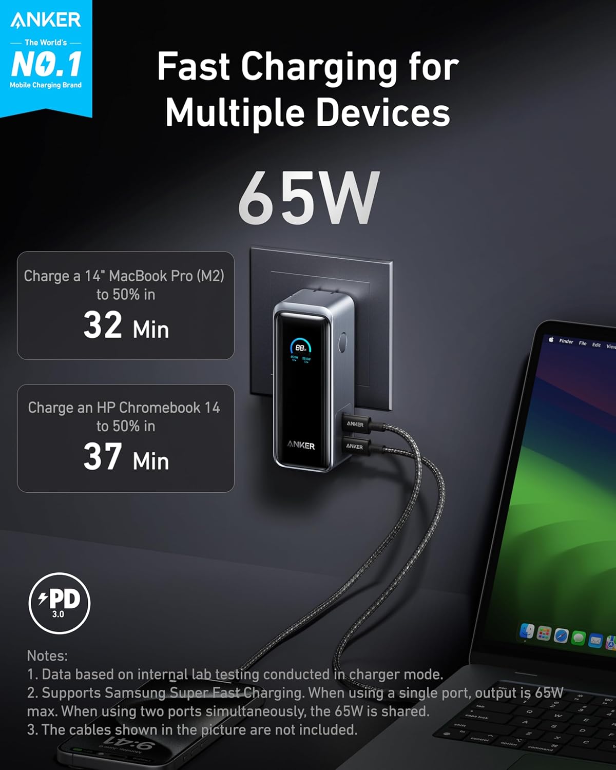 Anker Prime 9600mAh Ultra-Compact Power Bank with 65W Fast Charge - Black