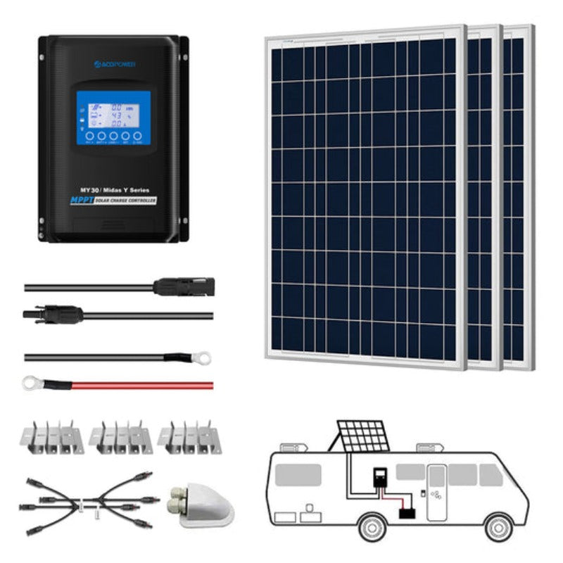 ACOPOWER 300W 12V Poly Solar RV Kits with 30A MPPT Charge Controller - Your Adventure's Energy Solution