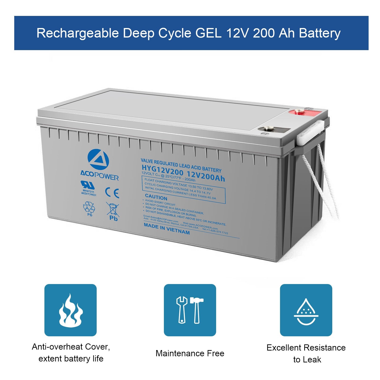 Acopower 12V 200Ah Rechargeable Gel Deep Cycle Battery - Your Reliable Power Solution