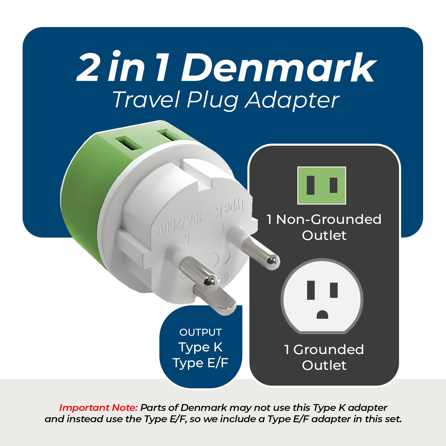 OREI US-20 Denmark Travel Adapter: Compact 2-in-1 Type K for Seamless Charging