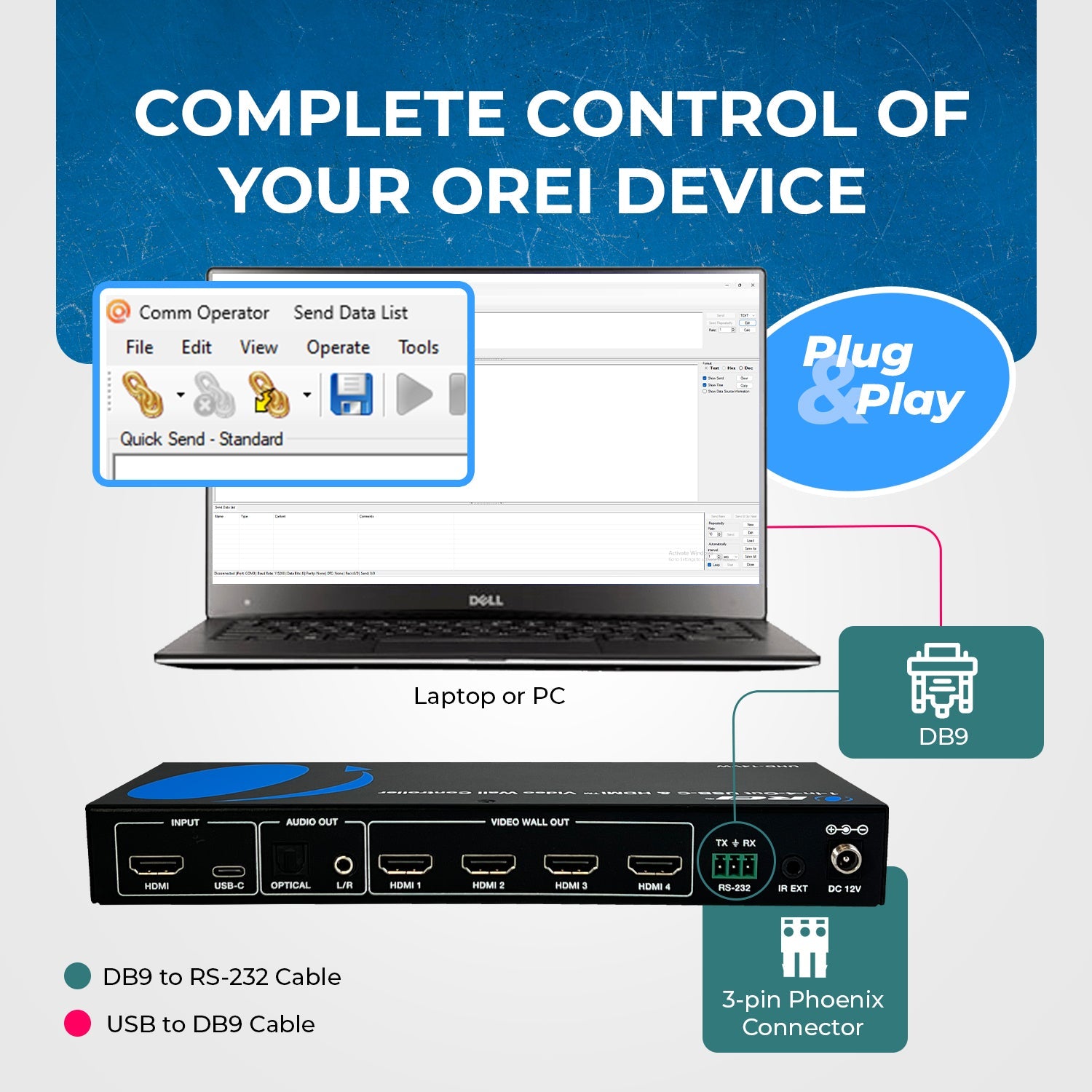 DB9 to RS-232 Cable for OREI Devices - Essential for Firmware Updates and Commands
